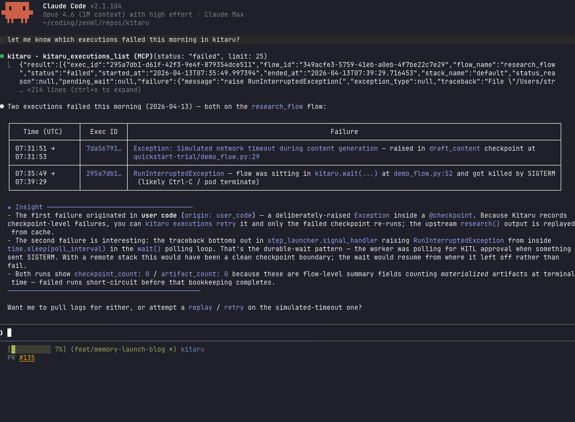 Terminal output of kitaru memory history sessions/pending_compact: a versioned table of values for one memory key, with a hint pointing at how to replay the specific run that wrote a given version.